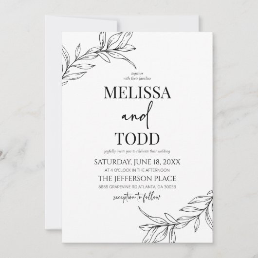 Minimaal Minimalistisch Zwart Wit Tak Blad Bruilof Kaart (Voorkant)