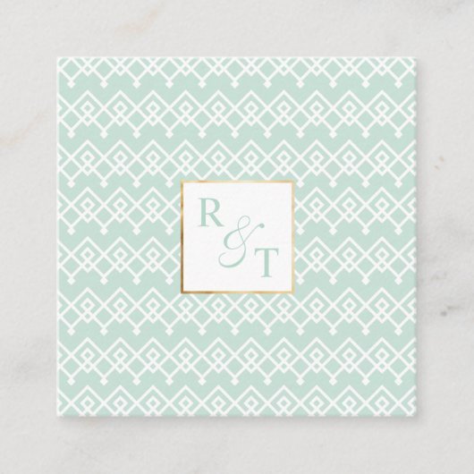Minimaal Mint & Wit Geometisch Patroon Monogram Vierkante Visitekaartje (Voorkant)