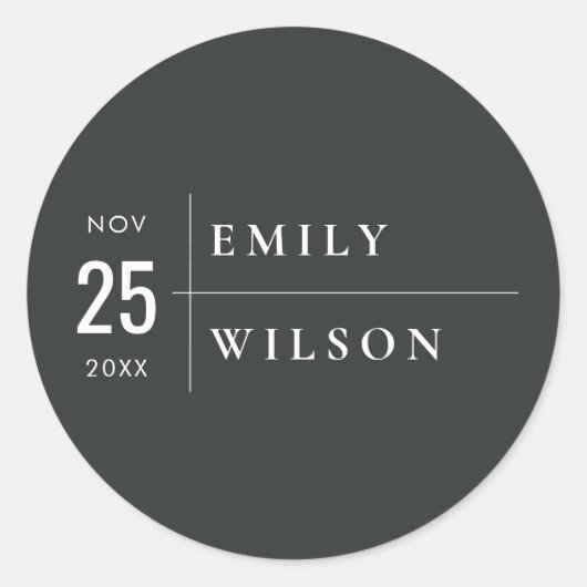 MINIMAAL MODERN BLACK & WITTE TYPOGRAFIE WEDING RONDE STICKER (Voorkant)