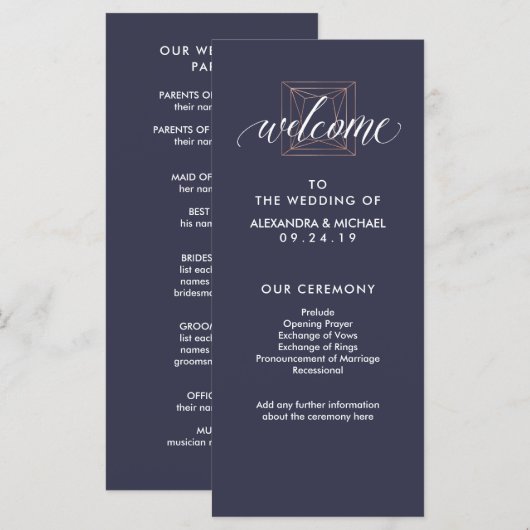 Minimaal Modern Geometrisch Diamanten Trouwprogram Programma (Voorkant / Achterkant)