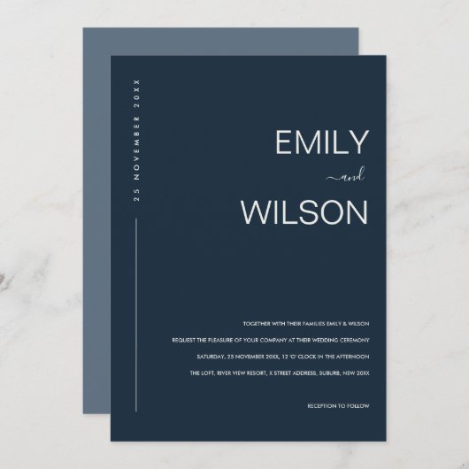 MINIMAAL MODERN NAVY BLUE GRAY TYPOGRAPHY WEDING KAART (Voorkant / Achterkant)
