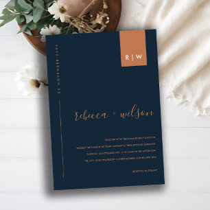MINIMAAL MODERN NAVY BLUE RUST TYPOGRAPHY WEDING KAART