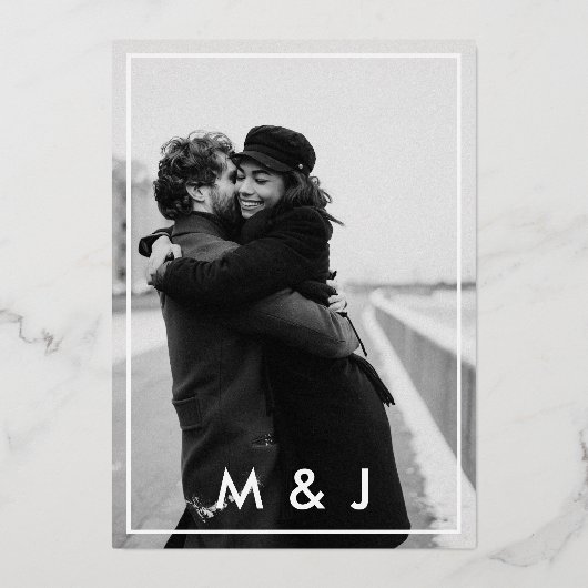 Minimaal modern script foto Navy Blue Folie Uitnodiging (Achterkant)