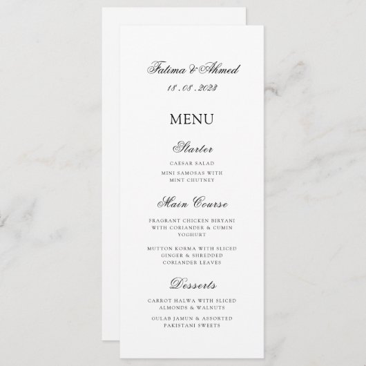 Minimaal Modern Script Wit Moslim Trouwtafel Menu (Voorkant / Achterkant)