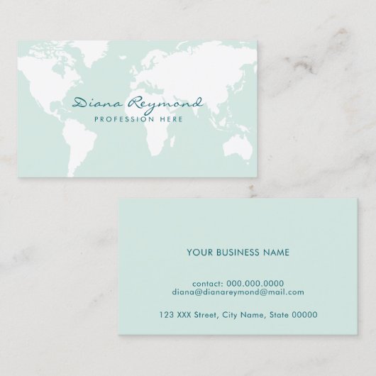 Minimaal modern, wereldkaart op zeer bleek blauwgr visitekaartje (Voorkant / Achterkant)