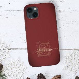 Minimaal monogram Elegant Floral Red & Gold S Name iPhone 13 Hoesje