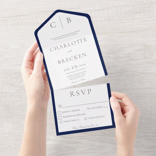 Minimaal monogram marineslauw en wit diner all in one uitnodiging (Afscheurbaar)