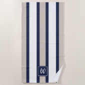 Minimaal Navy Blauwe Grijze Witte Strepen Monogram Strandlaken (Voorkant)