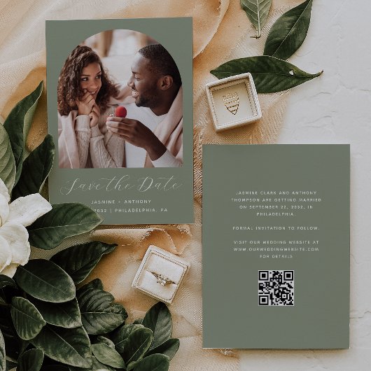 Minimaal Photo Arch Script QR Code Sage Green Save The Date