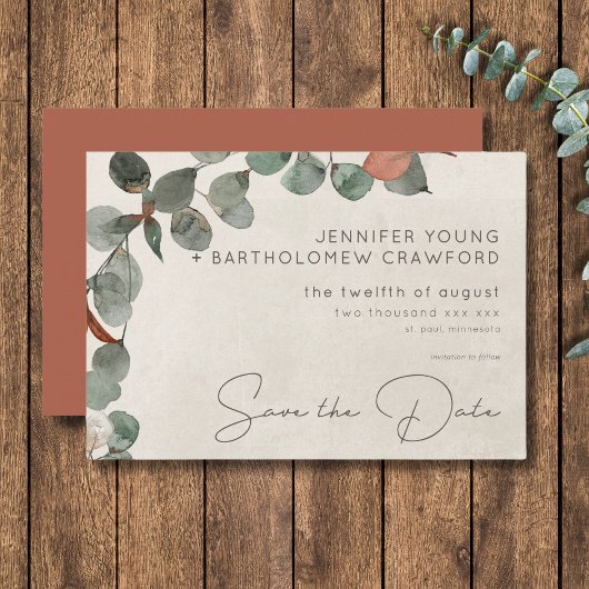 Minimaal roestgroen Eucalyptus krans bruiloft Save The Date