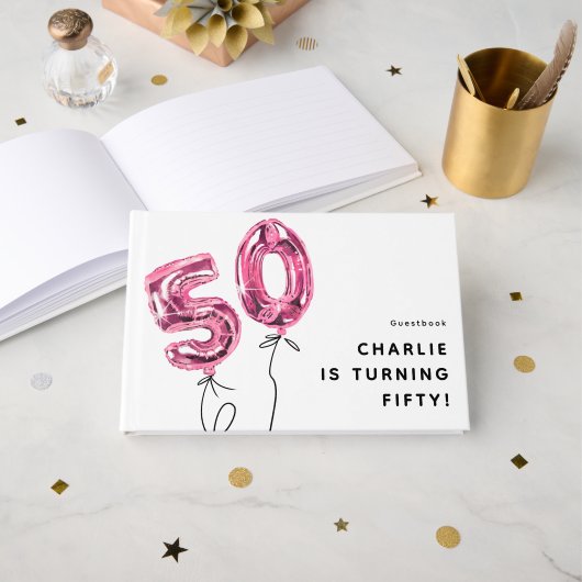 Minimaal Roze 50 Ballon 50e Verjaardagsfeestje Gastenboek (Voorkant open)