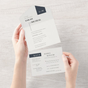 MINIMAAL SCANDI BLACK WHITE MONOGRAM WEDING ALL IN ONE UITNODIGING