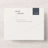 MINIMAAL SCANDI BLACK WHITE MONOGRAM WEDING ALL IN ONE UITNODIGING (Achterkant)