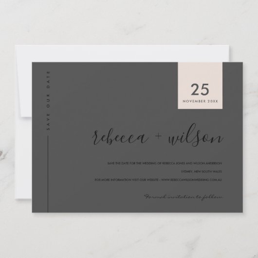 MINIMAAL SCANDI MODERN BLACK BLUSH PINK TYPOGRAPHY SAVE THE DATE (Voorkant)