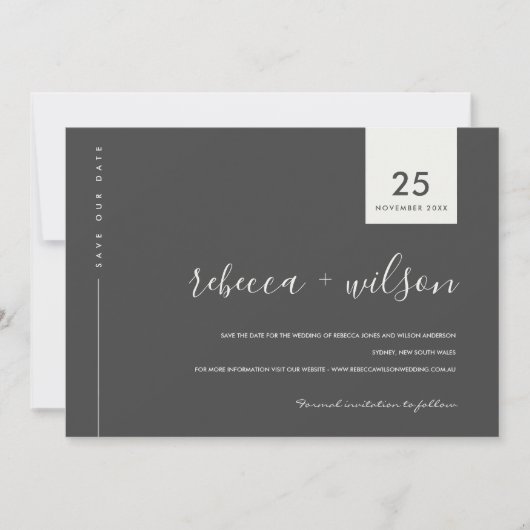 MINIMAAL SCANDI MODERN BLACK EN WITTE TYPOGRAFIE SAVE THE DATE (Voorkant)