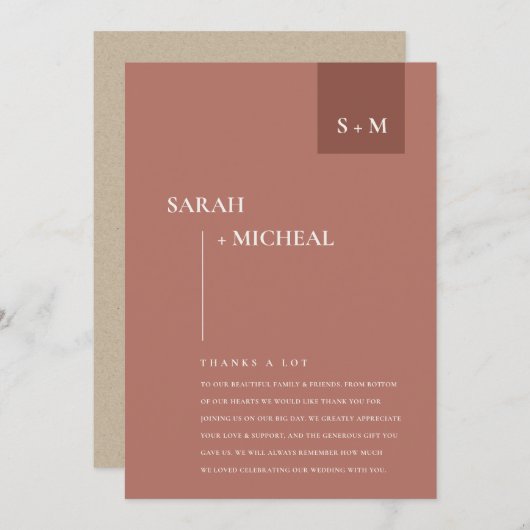 MINIMAAL SCANDI TERRACOTTA RUST MONOGRAM WEDING BEDANKKAART (Voorkant / Achterkant)