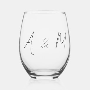 Minimaal Schrift Monogram Boho Trouwen Zwart Wit Wijnglas Zonder Voet