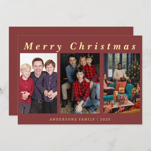 Minimaal Script 3 Foto Vrolijk Kerstrood Folie Feestdagenkaart (Voorkant / Achterkant)