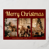 Minimaal script drie Foto Red Merry Kerstmis Folie Feestdagenkaart (Voorkant)
