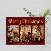 Minimaal script drie Foto Red Merry Kerstmis Folie Feestdagenkaart (Staand Voorkant)