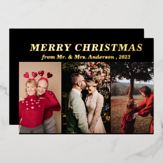 Minimaal Script Drie Foto zwart Vrolijk Kerstfeest Folie Uitnodiging