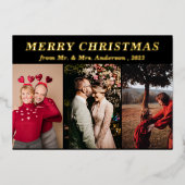 Minimaal Script Drie Foto zwart Vrolijk Kerstfeest Folie Uitnodiging (Voorkant)