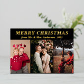 Minimaal Script Drie Foto zwart Vrolijk Kerstfeest Folie Uitnodiging (Staand Voorkant)