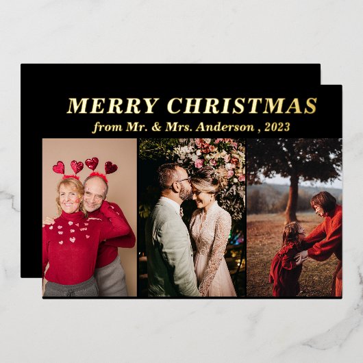 Minimaal Script Drie Foto zwart Vrolijk Kerstfeest Folie Uitnodiging (Voorkant / Achterkant)