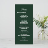 Minimaal script emerald green bruiloft receptie menu (Staand voorkant)
