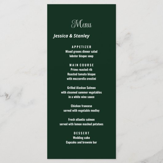 Minimaal script emerald green bruiloft receptie menu (Voorkant)