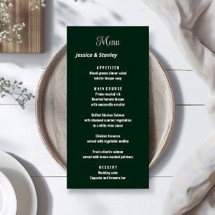Minimaal script emerald green bruiloft receptie menu