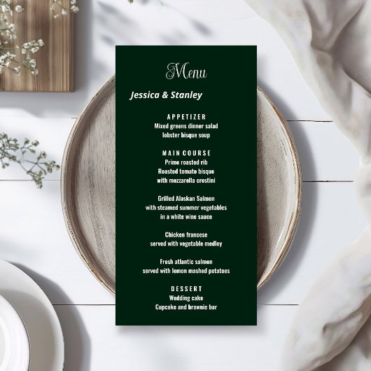 Minimaal script emerald green bruiloft receptie menu