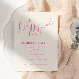 Minimaal Script Hot Roze Crème Moderne Bat Mitzvah Kaart