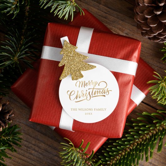 Minimaal Script Merry Christmas Gold Foil Ronde Sticker