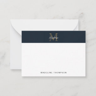Minimaal script Metallic Navyblauw Goud Monogram Notitiekaartje