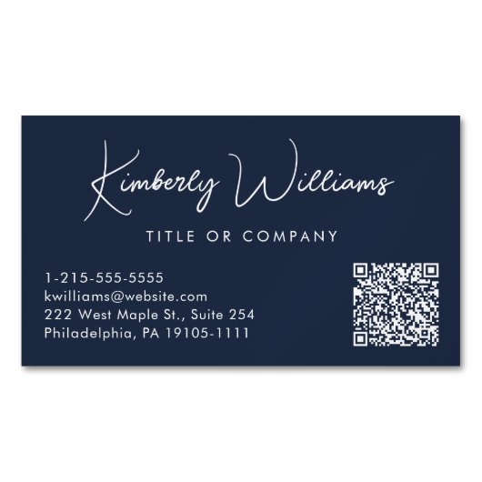 Minimaal Script QR Code Professional Blauw Magnetisch Visitekaartje (Voorkant)