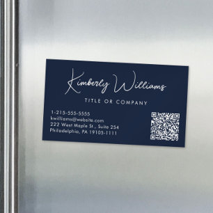 Minimaal Script QR Code Professional Blauw Magnetisch Visitekaartje