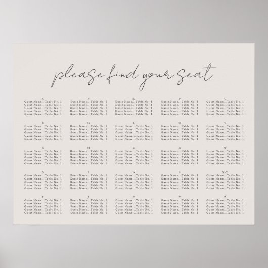 Minimaal script, Seating Chart Poster (Voorkant)