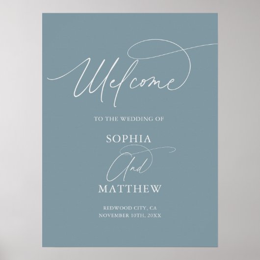 Minimaal script welkom stoffig blauwe trouwposter poster (Voorkant)