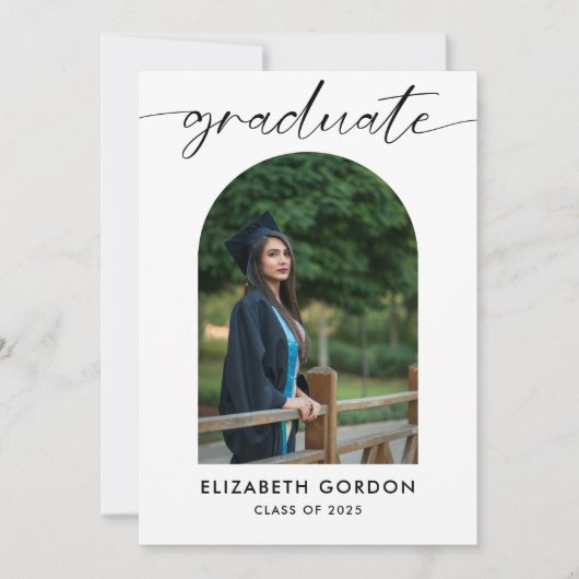 Minimaal Trendy Script Arch Photo Afstuderen Save The Date (Voorkant)