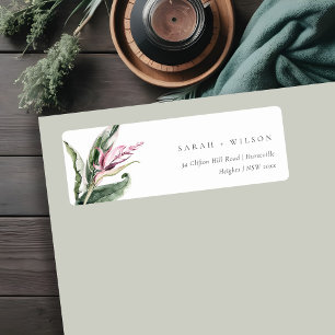 Minimaal tropisch roze groen bladbloemadres etiket