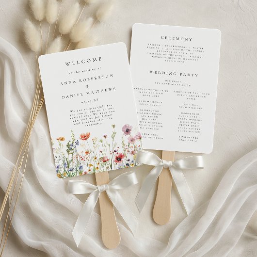 Minimaal trouwprogramma met wilde bloemen handwaaier