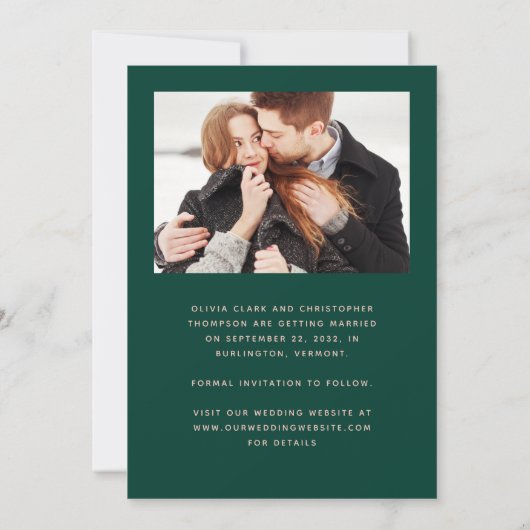 Minimaal twee-foto Emerald Green Blush Script Save The Date (Achterkant)