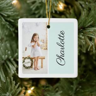 Minimaal twee foto Gepersonaliseerd naam Mint Gree Keramisch Ornament