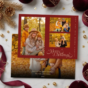 Minimaal Warm Rode Familie Vier Foto's Prettig Ker Feestdagenkaart