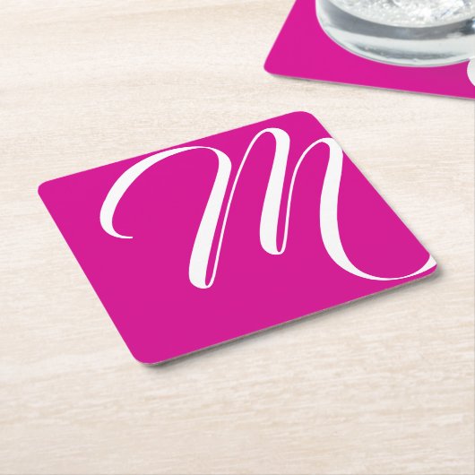 Minimaal warm roze en witscript monogram vierkante kartonnen onderzetter (Schuin)