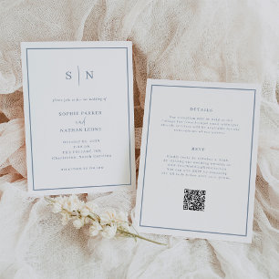Minimaal Wit en Stofblauw   All-in-One Trouw Kaart