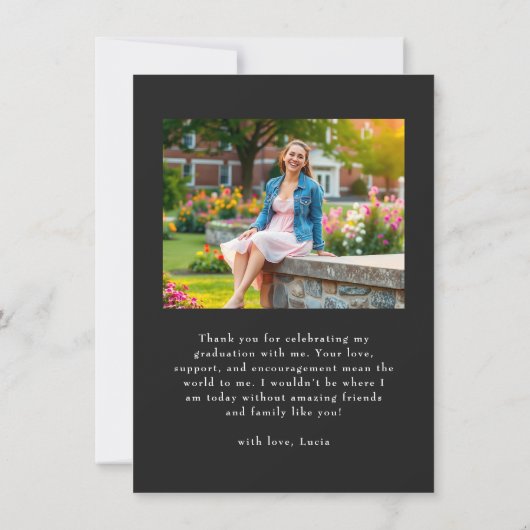 Minimaal wit script typografie Afstuderen Foto Bedankkaart (Achterkant)