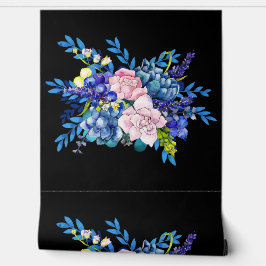 Minimaal Zwart Blauw en Roze Kleur Floral Design Behang