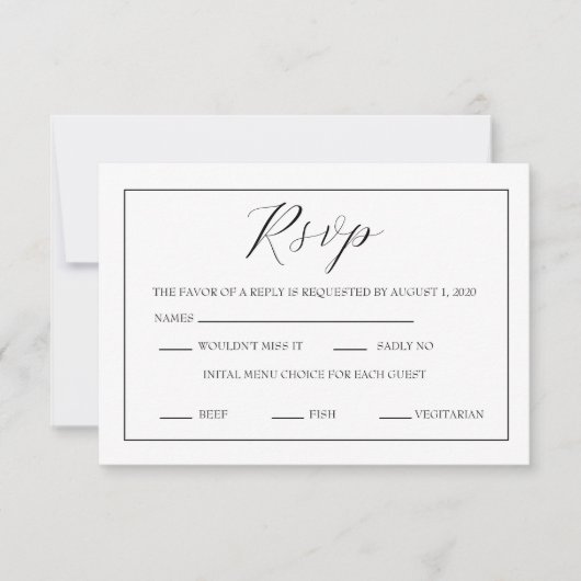 Minimaal Zwart en Wit Script RSVP Kaartje (Voorkant)
